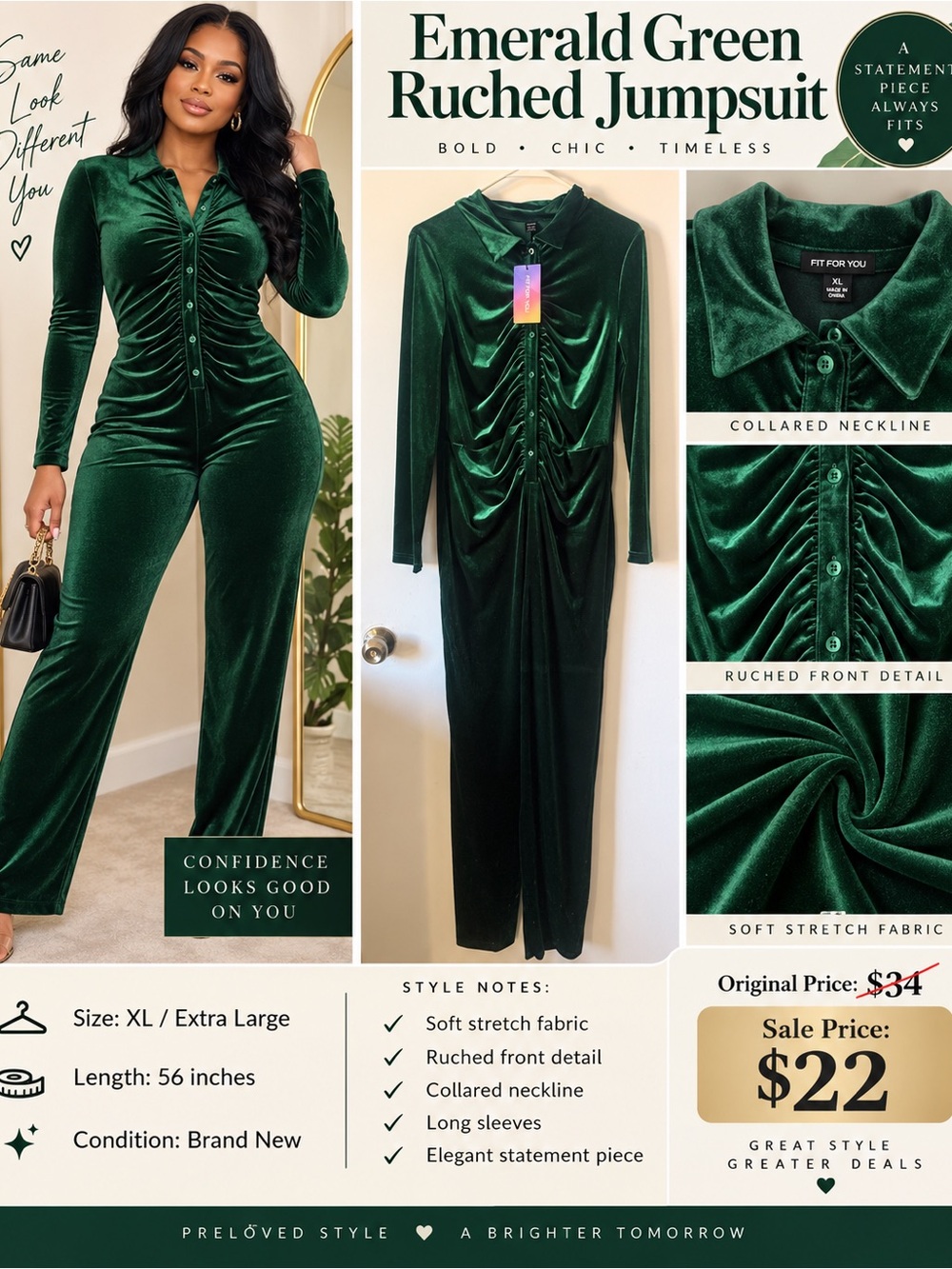 Emerald Green Ruched Velvet Jumpsuit - Collared Long Sleeve
